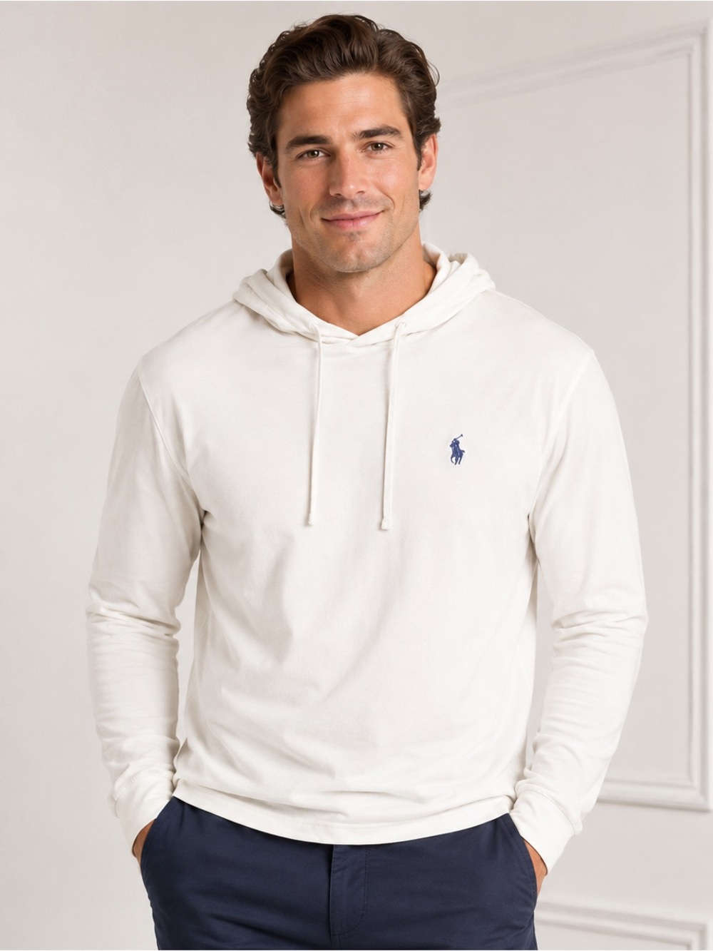 Polo Ralph Lauren White Hooded Long Sleeve T-Shirt Blue Pony Logo Size L Cotton